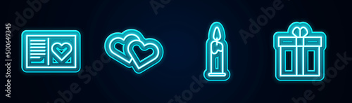 Set line Valentines day flyer with heart, Heart, Burning candle and Gift box. Glowing neon icon. Vector