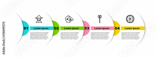 Set line Medieval iron helmet, , axe and Round wooden shield. Business infographic template. Vector