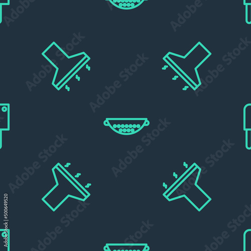 Set line Kitchen colander, extractor fan and Meat chopper on seamless pattern. Vector