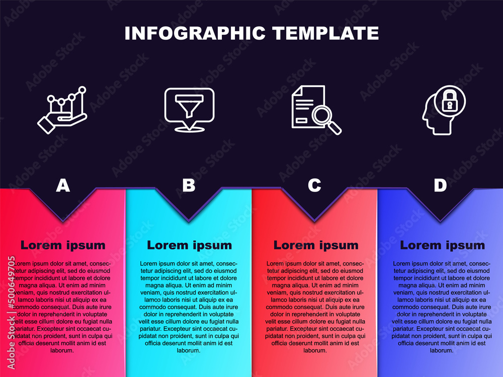 Set line Pie chart infographic, Location with sales funnel, Document search and Human head lock. Business infographic template. Vector Set line Pie chart infographic, Location with sales funnel, Document search and Human head lock. Business infographic template. Vector