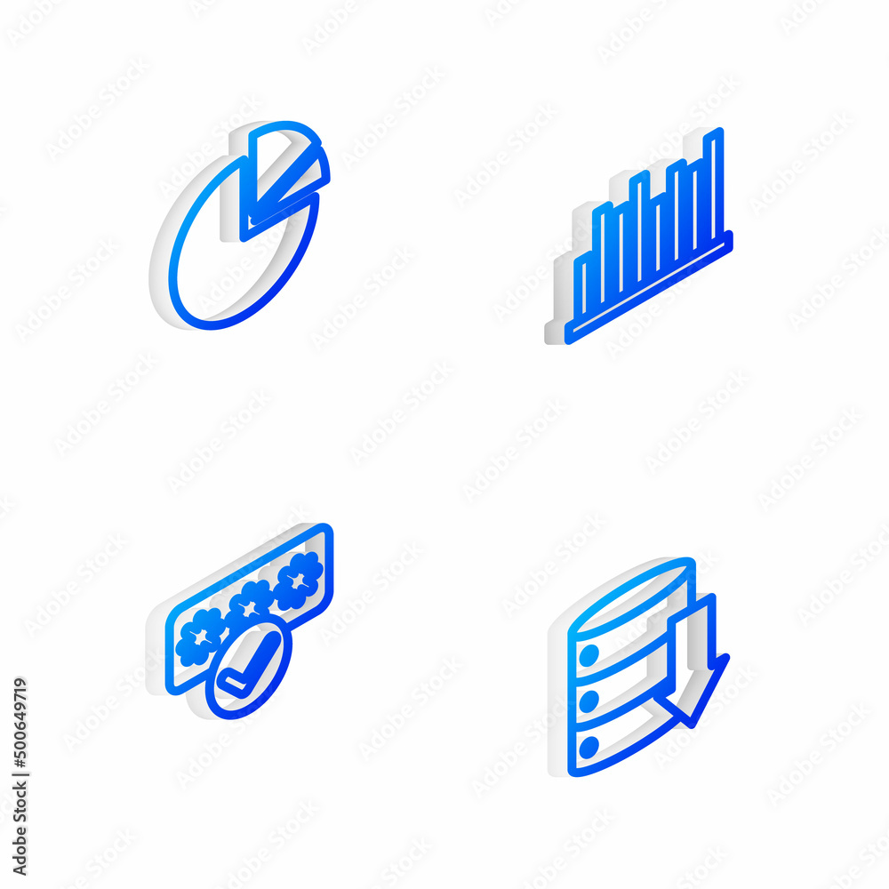 Set Isometric line Pie chart infographic, , Password protection and Server, Data, Web Hosting icon. Vector Set Isometric line Pie chart infographic, , Password protection and Server, Data, Web Hosting icon. Vector