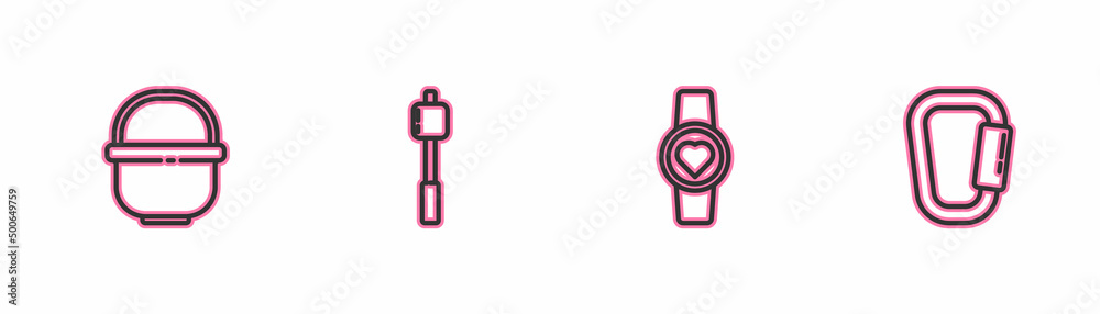 Set line Camping pot, Smart watch showing heart beat rate, Marshmallow on stick and Carabiner icon. Vector Set line Camping pot, Smart watch showing heart beat rate, Marshmallow on stick and Carabiner icon. Vector