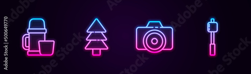 Set line Thermos container and cup, Tree, Photo camera and Marshmallow stick. Glowing neon icon. Vector