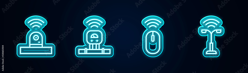 Set line Smart security camera, sensor, Wireless mouse and street light. Glowing neon icon. Vector Set line Smart security camera, sensor, Wireless mouse and street light. Glowing neon icon. Vector