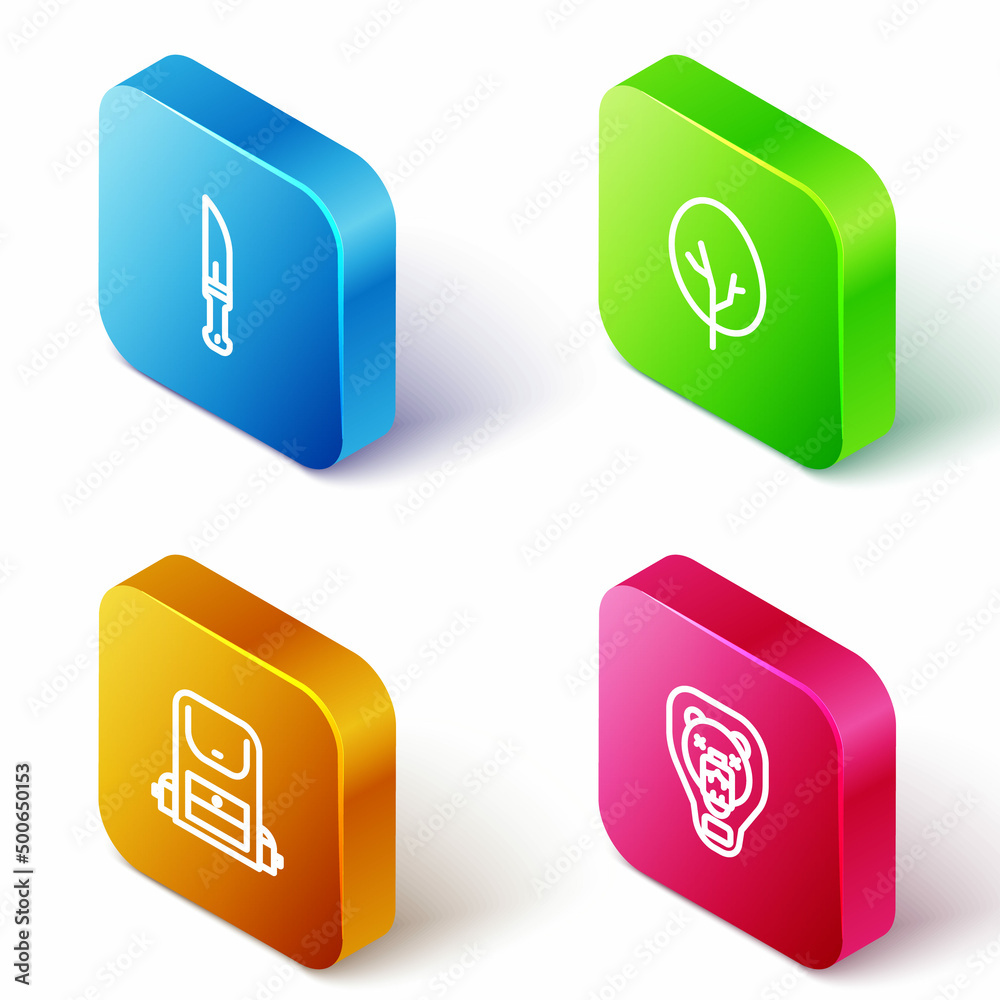 Set Isometric line Hunter knife, Tree, Hiking backpack and Bear head on shield icon. Vector Set Isometric line Hunter knife, Tree, Hiking backpack and Bear head on shield icon. Vector