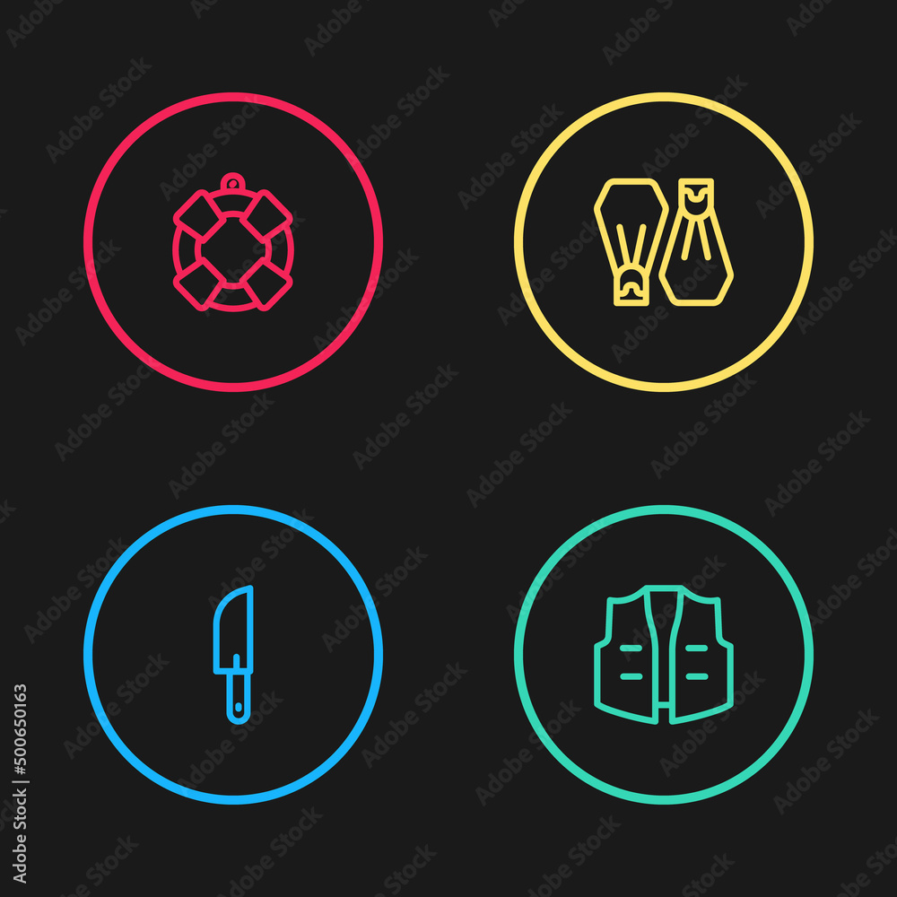 Set line Knife, Fishing jacket, Rubber flippers for swimming and Lifebuoy icon. Vector