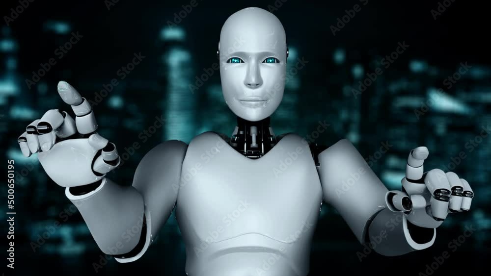 Futuristic robot artificial intelligence enlightening AI technology development and machine learning concept. Global robotic bionic science research for future of human life. 3D rendering graphic.