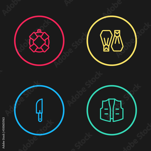 Set line Knife, Fishing jacket, Rubber flippers for swimming and Lifebuoy icon. Vector