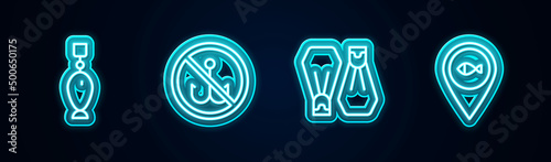 Set line Fishing spoon, No fishing, Rubber flippers for swimming and Location. Glowing neon icon. Vector