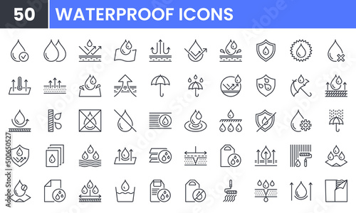 Waterproof vector line icon set. Contains linear outline icons like Water Protection, Water Resistant, Drops, Moisture, Anti Wetting Material, Hydrophobic, Weatherproof, Rain. Editable use and stroke. photo