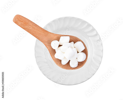 Marshmallow isolated in wood spoon on white background