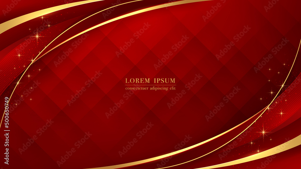 Luxurious golden curve line with glittering light on red abstract background. Vector illustration