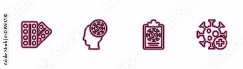 Set line Pills in blister pack, Clipboard with blood test results, Human and virus and Positive icon. Vector