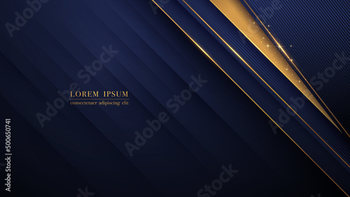 Abstract luxury dark blue overlap layers background with golden line and glittering light. Vector illustration