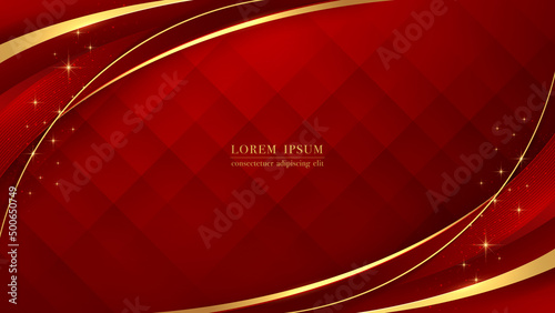 Luxurious golden curve line with glittering light on red abstract background. Vector illustration photo
