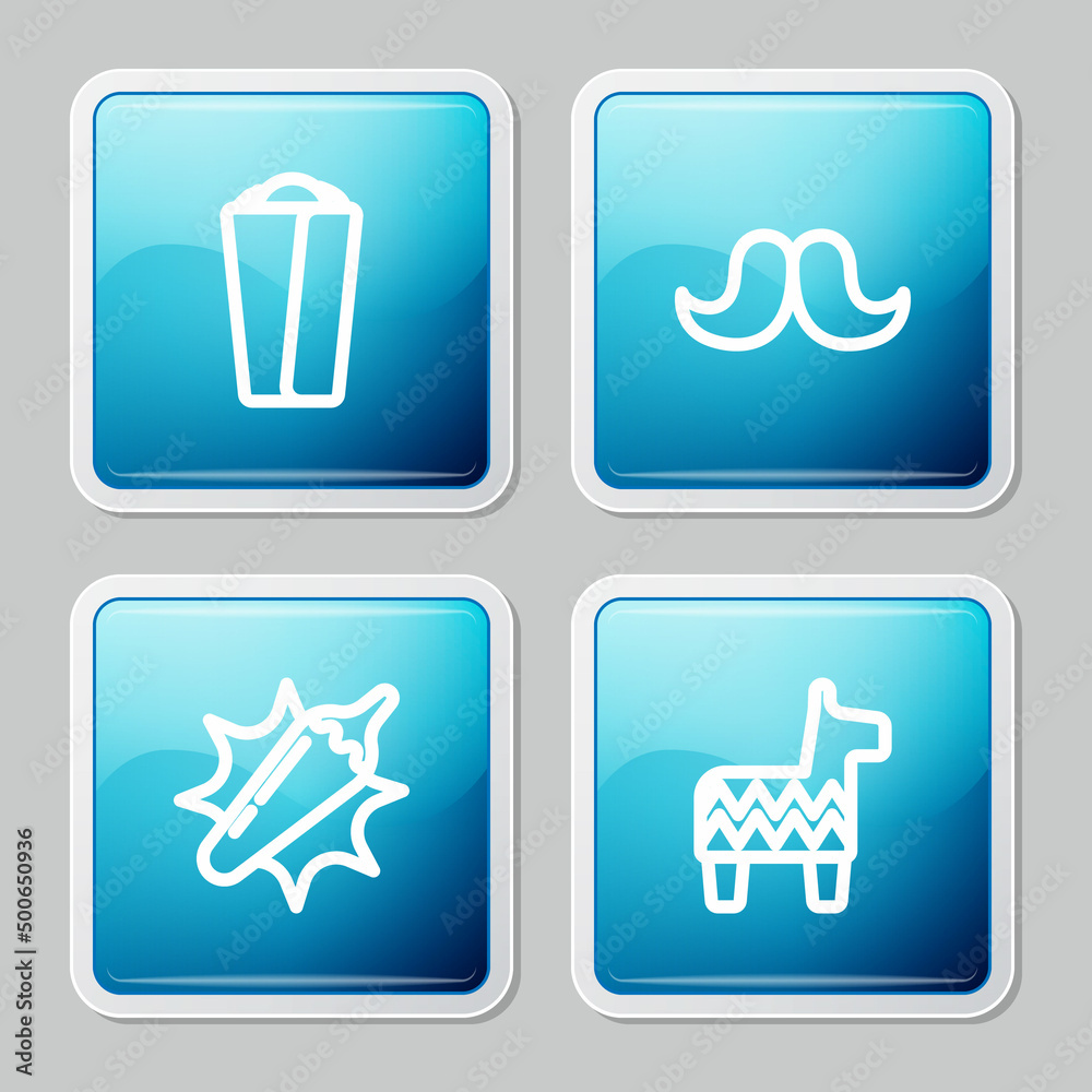 Set line Burrito, Mustache, Hot chili pepper pod and Pinata icon. Vector Set line Burrito, Mustache, Hot chili pepper pod and Pinata icon. Vector