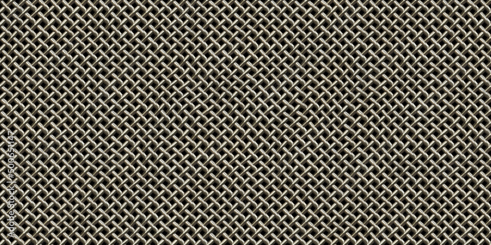 Seamless metal netting or wire mesh background surface pattern. Tileable  realistic shiny steel lattice chainmail armor texture. A high resolution  abstract silver jewelry backdrop 3D rendering. Stock Illustration