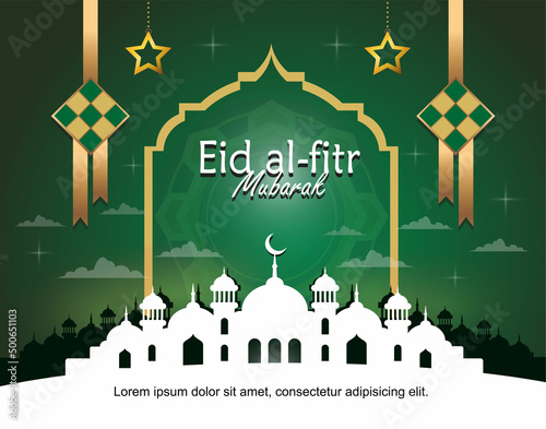 Happy Eid Al Fitr  banner with white mosque illustration and ketupat on green background premium vector