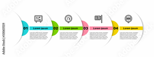 Set line Road traffic sign, Turn back road, ublic transport board and Railroad crossing. Business infographic template. Vector photo