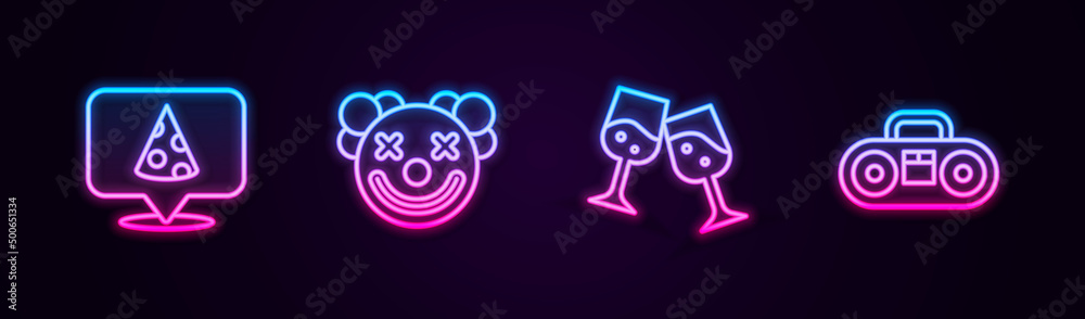 Set line Slice of pizza, Clown head, Glass champagne and Home stereo with two speakers. Glowing neon icon. Vector Set line Slice of pizza, Clown head, Glass champagne and Home stereo with two speakers. Glowing neon icon. Vector