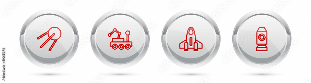 Set line Satellite, Mars rover, Rocket ship and . Silver circle button. Vector Set line Satellite, Mars rover, Rocket ship and . Silver circle button. Vector