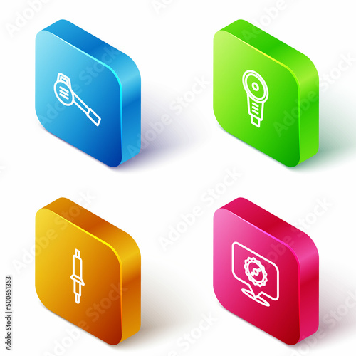 Set Isometric line Leaf garden blower, Angle grinder, Soldering iron and Circular saw blade icon. Vector