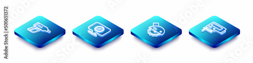 Set Isometric line Electric cordless screwdriver, Circular saw blade, circular and jigsaw icon. Vector