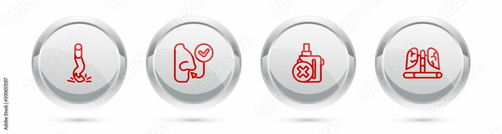 Set line Cigarette butt, Healthy breathing, No electronic cigarette and Disease lungs. Silver circle button. Vector Set line Cigarette butt, Healthy breathing, No electronic cigarette and Disease lungs. Silver circle button. Vector