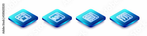 Set Isometric line Software, Create account screen, MySQL code and Browser files icon. Vector