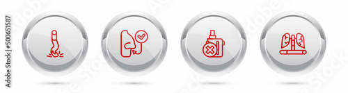 Set line Cigarette butt, Healthy breathing, No electronic cigarette and Disease lungs. Silver circle button. Vector
