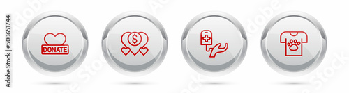 Set line Donation and charity, , Blood donation and Animal volunteer. Silver circle button. Vector