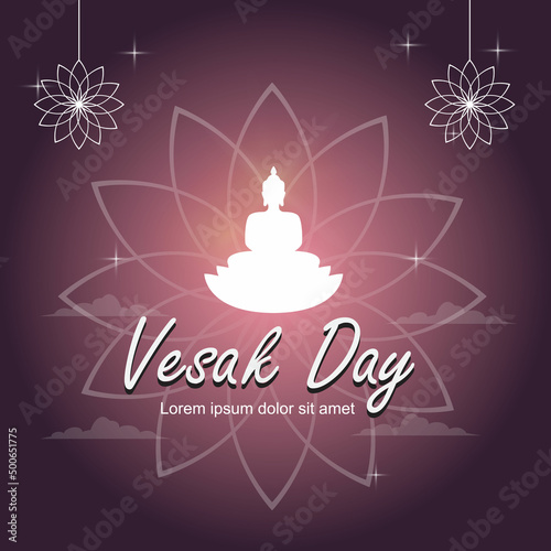 Happy Vesak Day Purple Background with illustration of a Buddha statue on a lotus flower