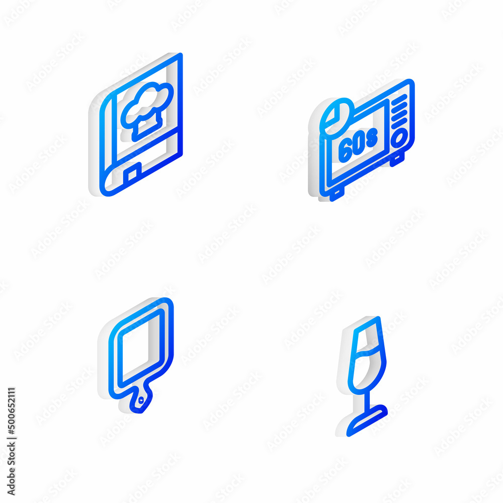 Set Isometric line Microwave oven, Cookbook, Cutting board and Wine glass icon. Vector Set Isometric line Microwave oven, Cookbook, Cutting board and Wine glass icon. Vector