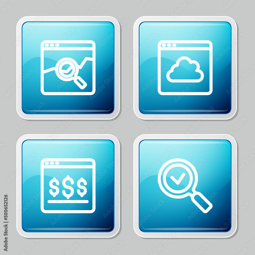 Set line Website with stocks market, Cloud technology data transfer, Online shopping on screen and Magnifying glass check icon. Vector Set line Website with stocks market, Cloud technology data transfer, Online shopping on screen and Magnifying glass check icon. Vector
