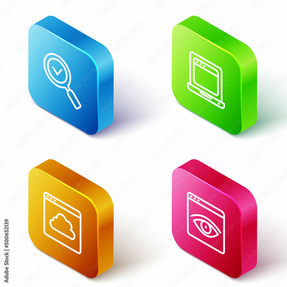 Set Isometric line Magnifying glass with check mark, Laptop browser window, Cloud technology data transfer and Browser incognito icon. Vector Set Isometric line Magnifying glass with check mark, Laptop browser window, Cloud technology data transfer and Browser incognito icon. Vector