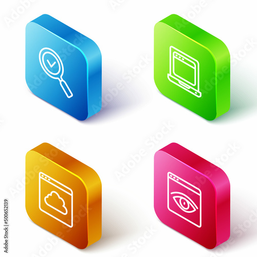 Set Isometric line Magnifying glass with check mark, Laptop browser window, Cloud technology data transfer and Browser incognito icon. Vector