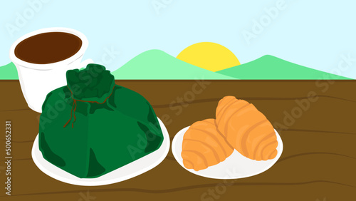 delicioso y tradicional desayuno colombiano, en una mañana soleada en el campo rodeado de unas maravillosas montañas