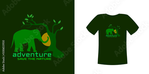 T-shirt design vector, with silhouette of elephant, tree and moon on dark cloth with 