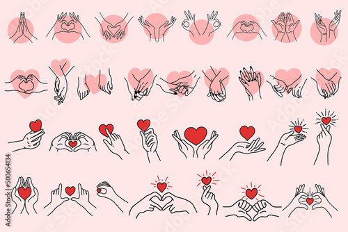 set mega Collection of Women Girl Hand Love Gesture with Hearth Flat line Art Clipart illustration