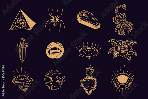 Set collection mystical celestial clipart symbol space doodle esoteric magic elements vintage illustration