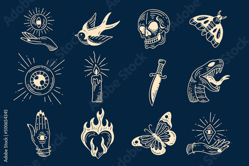 Set collection mystical celestial clipart symbol space doodle esoteric magic elements vintage illustration