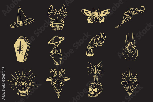 Set collection mystical celestial clipart symbol space doodle esoteric magic elements vintage illustration