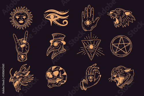 Set collection mystical celestial clipart symbol space doodle esoteric magic elements vintage illustration