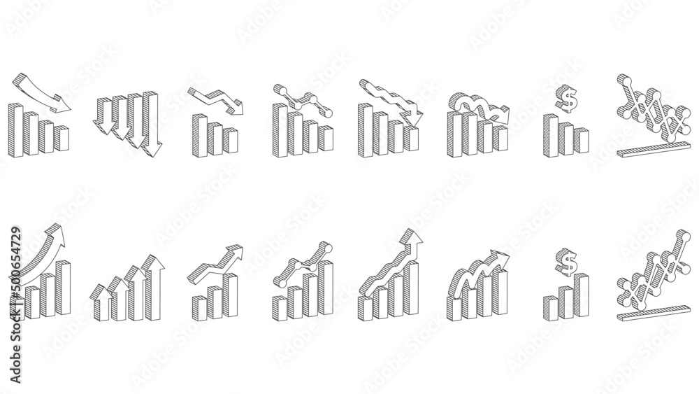 Isometric Comic Infographic Chart Outline set.