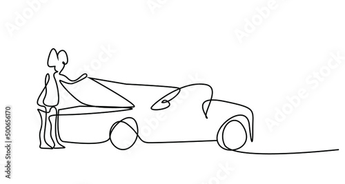A woman breaks down her car on the road and opens the hood and looks at the engine