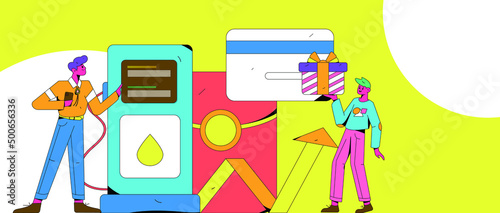 Refueling car with credit card vector creative concept illustration
