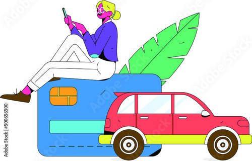 Refueling car with credit card vector creative concept illustration
