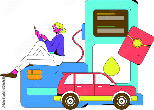 Refueling car with credit card vector creative concept illustration
