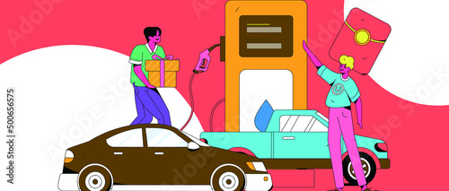 Refueling car with credit card vector creative concept illustration
