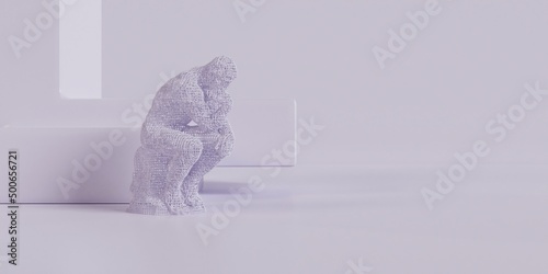 Thinking Man Statue Created With Wires, Background Image 3d Render photo